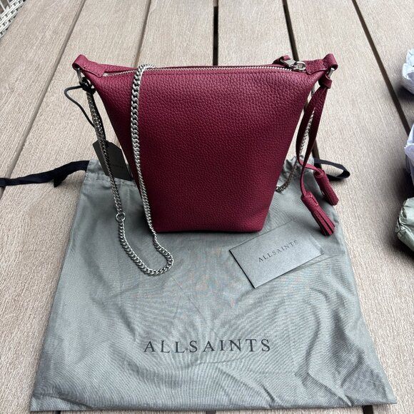 AllSaints Evaline Tassel Crossbody Bag Winter Orchid Red Leather Chain Strap NWT - Picture 11 of 13